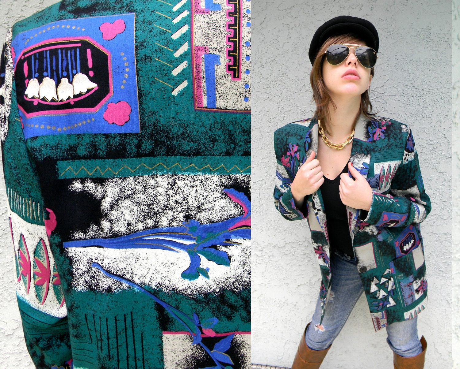 URBAN JUNGLE - Vintage 80s/90s Oversized Ska/Punk/New Wave Slouchy Boyfriend Jacket Blazer in Abstract Pop Art Print