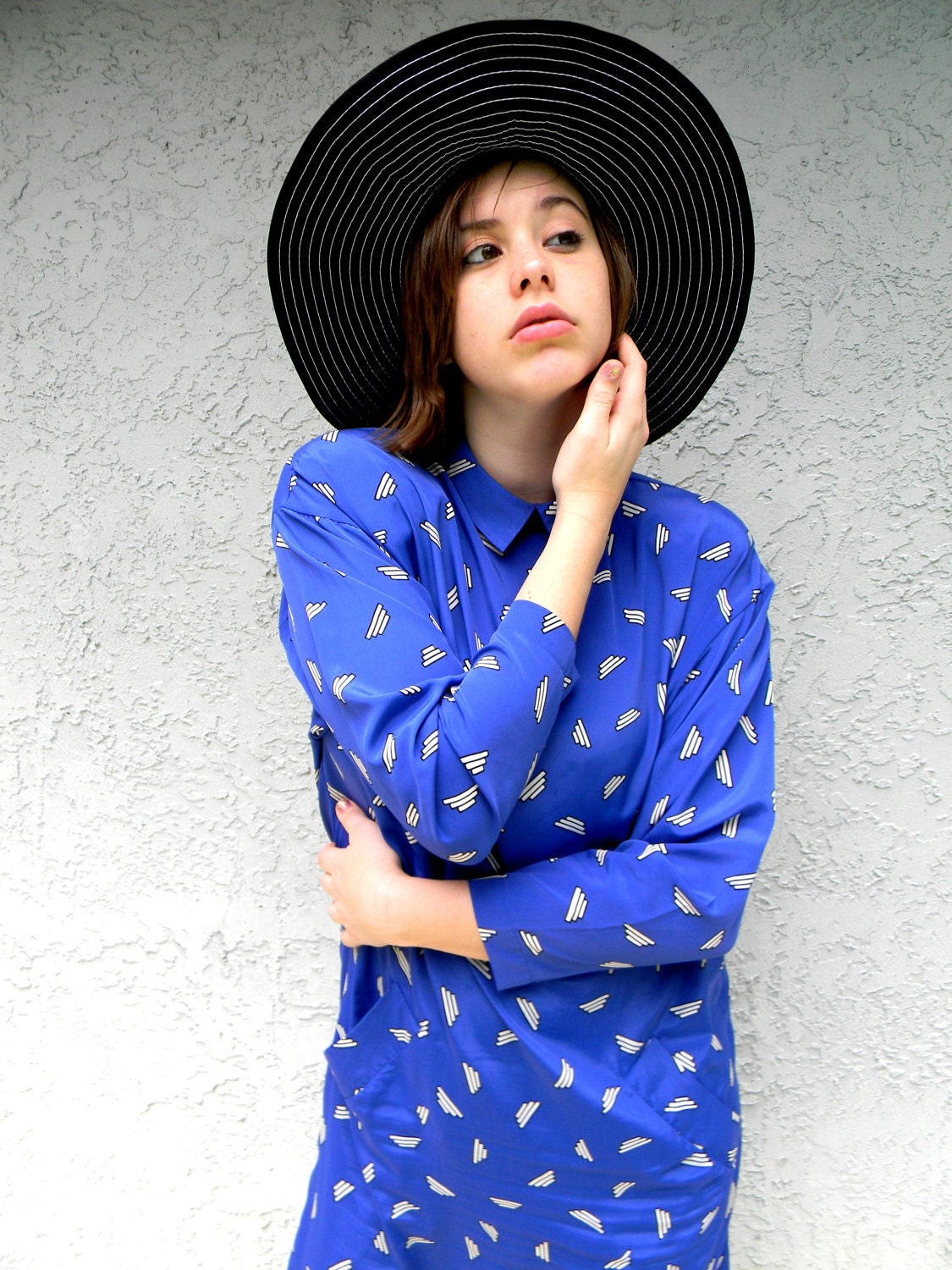 Blue... Like a Mediterranean Isle - Vintage 80s/90s Sexy Secretary Dress in Greek Blue w/ White Geometric Pyramid print