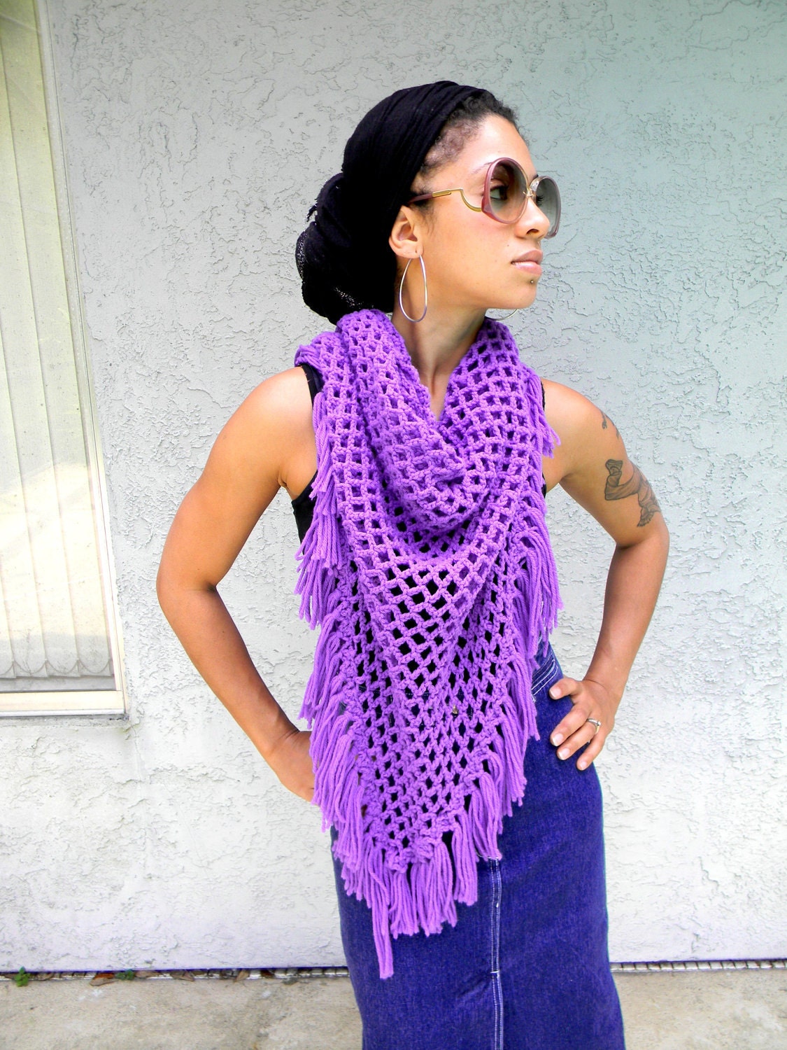 Shawl Gonna Love This - Vintage 60s/70s Chunky Handmade Open Knit Shawl/Wrap/Scarf w/ FRINGE in Easter Egg Purple - One size fits all
