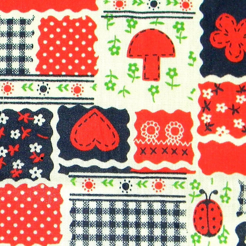 Mushrooms and Hearts Flower Power - Vintage 60s/70s Cotton Calico Patchwork Fabric Yardage - Mod Material in White/Bright Red/Navy Blue