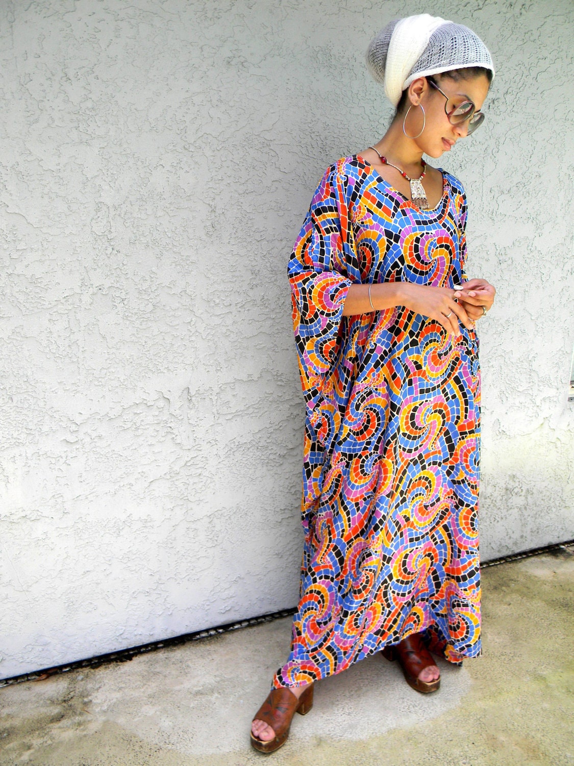 Rainbow Drama Queen - Vintage 70s Purple/Blue/Orange/Yellow/Black/White FLOWER POWER Maxi Cocoon Dress w/ huge batwing/angel wing sleeves