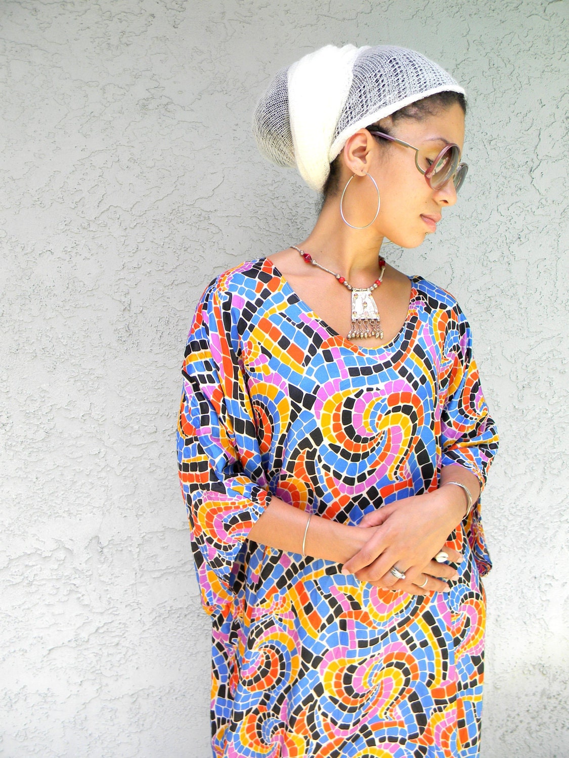 Rainbow Drama Queen - Vintage 70s Purple/Blue/Orange/Yellow/Black/White FLOWER POWER Maxi Cocoon Dress w/ huge batwing/angel wing sleeves