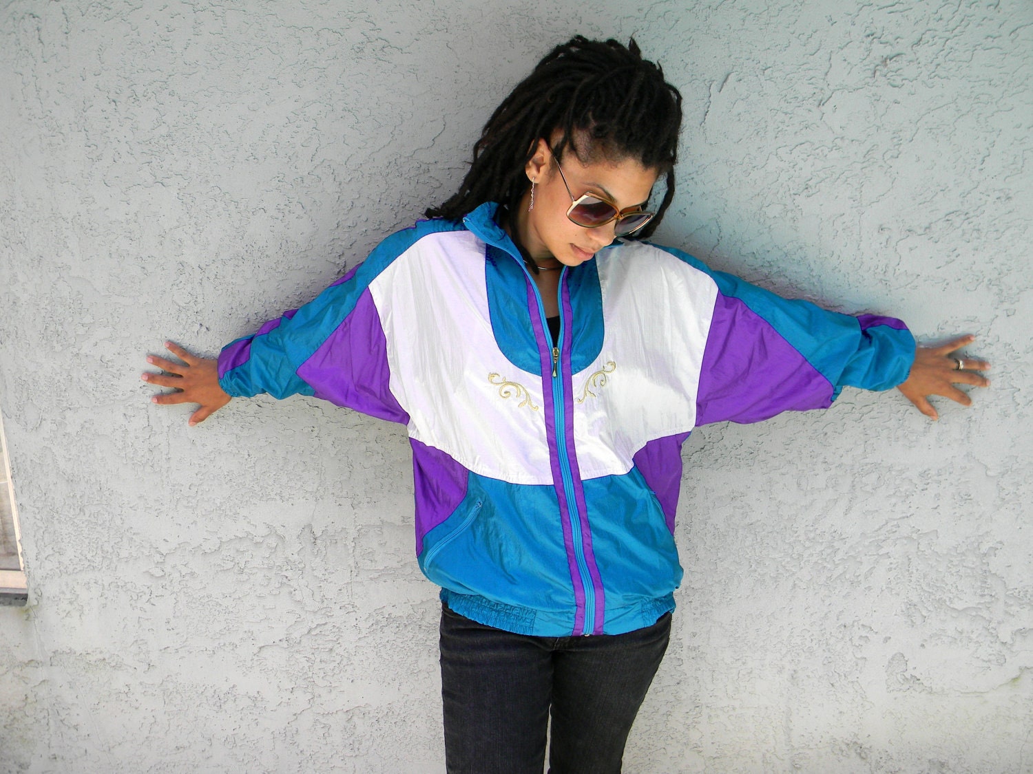 Dance Fever - Vintage 90s Purple/Teal/White/Gold Nylon Windbreaker Bomber Jacket - Fall Fashion Sale