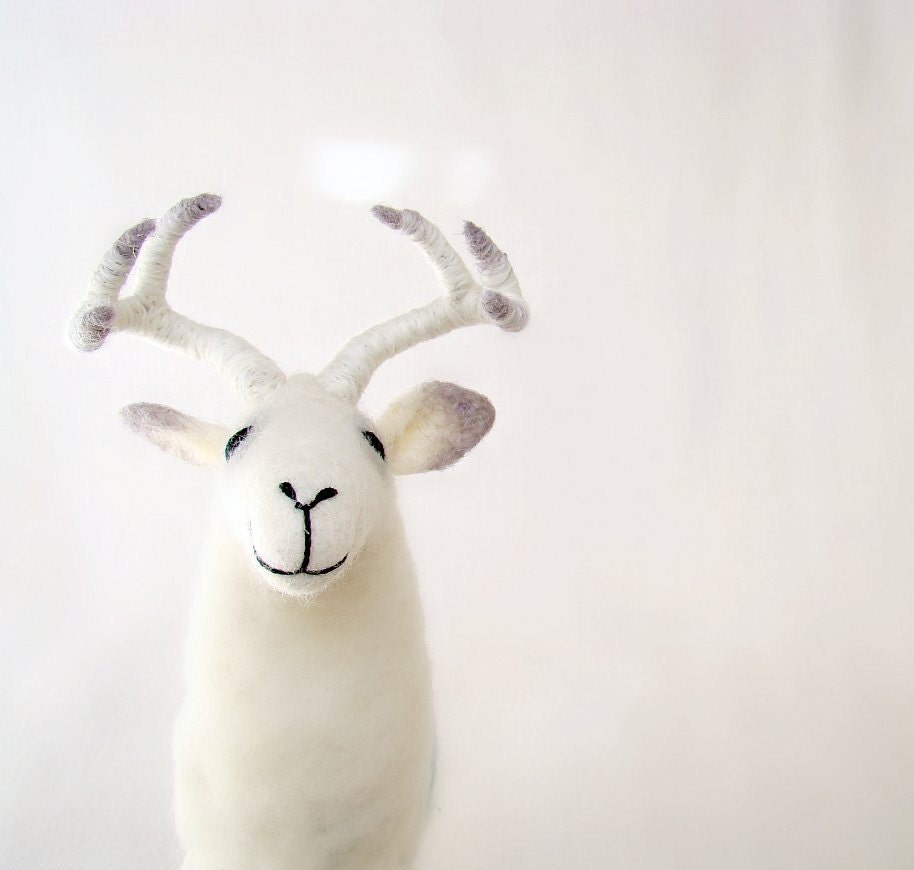 White Torsten - Felt  Deer.  Art Puppet Marionette Stuffed Animal Felted Toy. white neutral natural pastel.  MADE TO ORDER