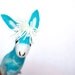 Blue Benedetto - Felt Donkey. Art Marionette Handmade Puppet Stuffed Toy. turguoise yellow aquamarine sky. MADE TO ORDER