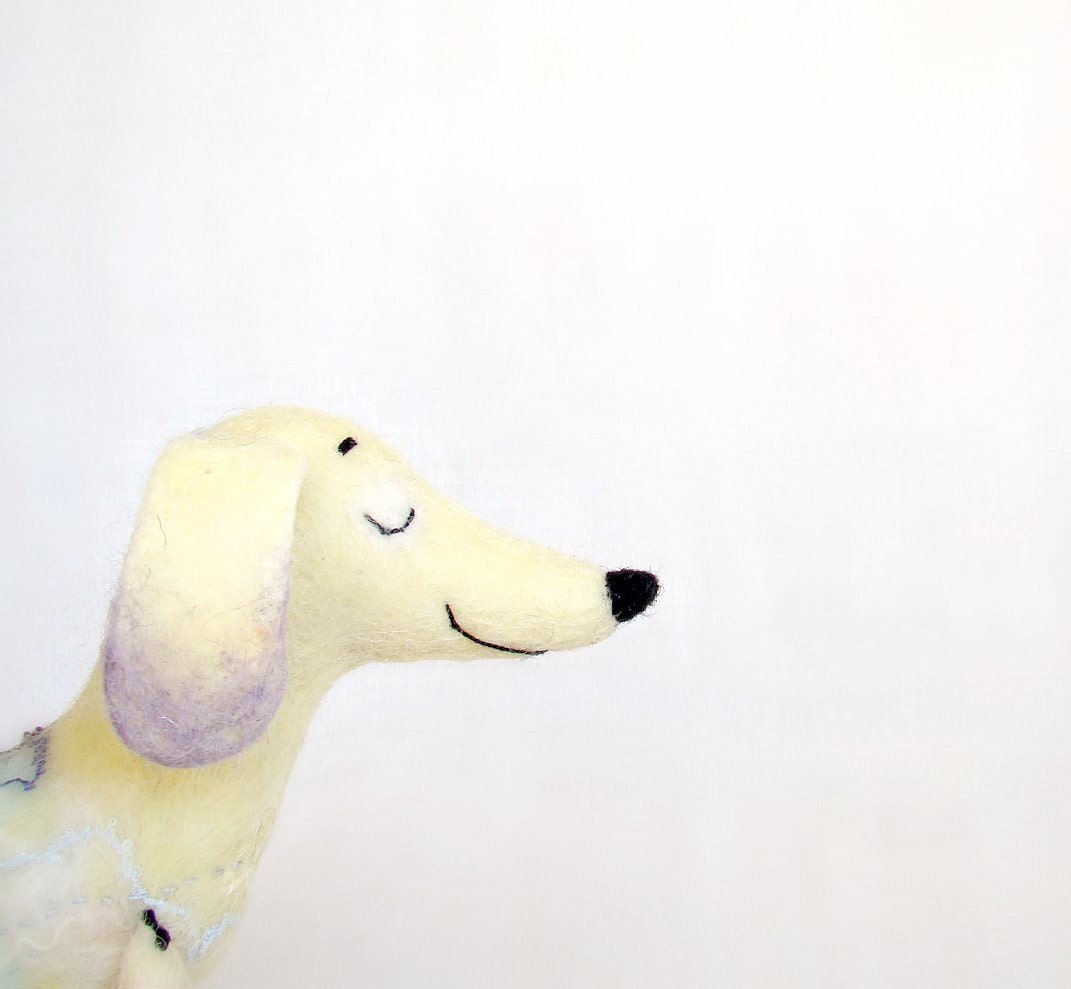 Flavia - Felt Dachshund, Art Puppet Lovely Dog Marionette Felted Cute StuffedToy. yellow lilac lavender. Special order for weenlover.