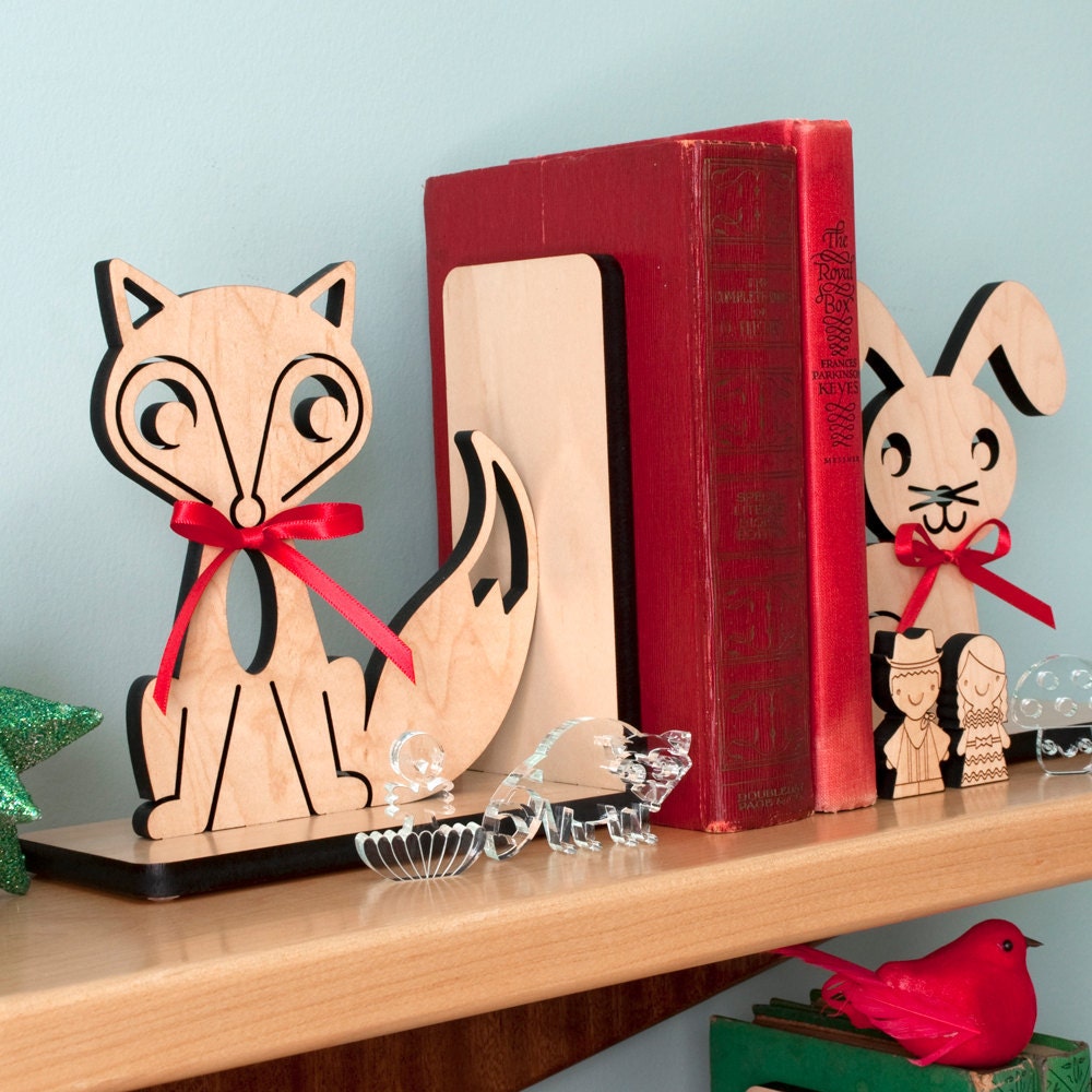 Kids Wood Bookends: Fox Bunny Squirrel Acorn Owl Bird Hedgehog Raccoon Snail, Mix / Match (2)