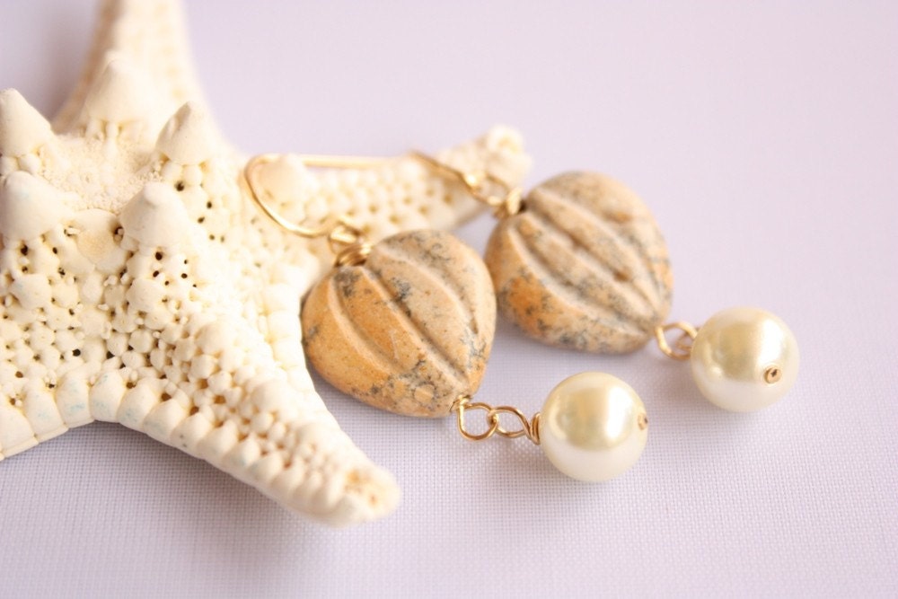 Stone Heart Gold Filled Pearl Earrings