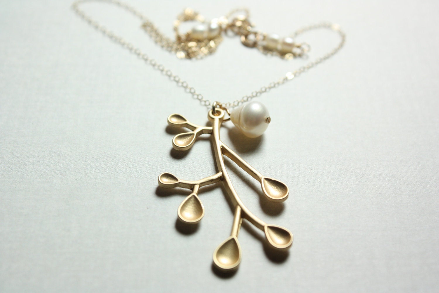 Matte Gold Branch Pearl Necklace, White Freshwater Pearl, Gold Filled Chain