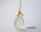 Chalcedony Sea Necklace, Smooth Chalcedony Stone, Freshwater Pearls, Gold Filled Chain
