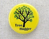 Tree hugger on yellow. Pinback button