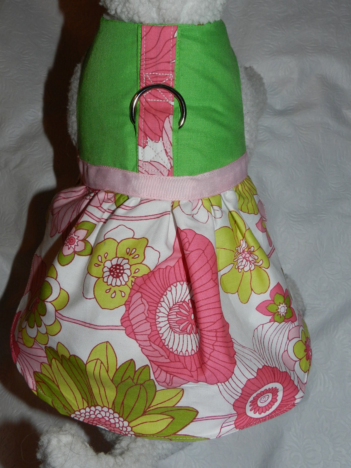 Gorgeous PINK & GREEN Flower Floral Retro Harness Dress. Perfect Item for your Cat, Dog or Ferret. All Items Are Custom Made For Your Pet.