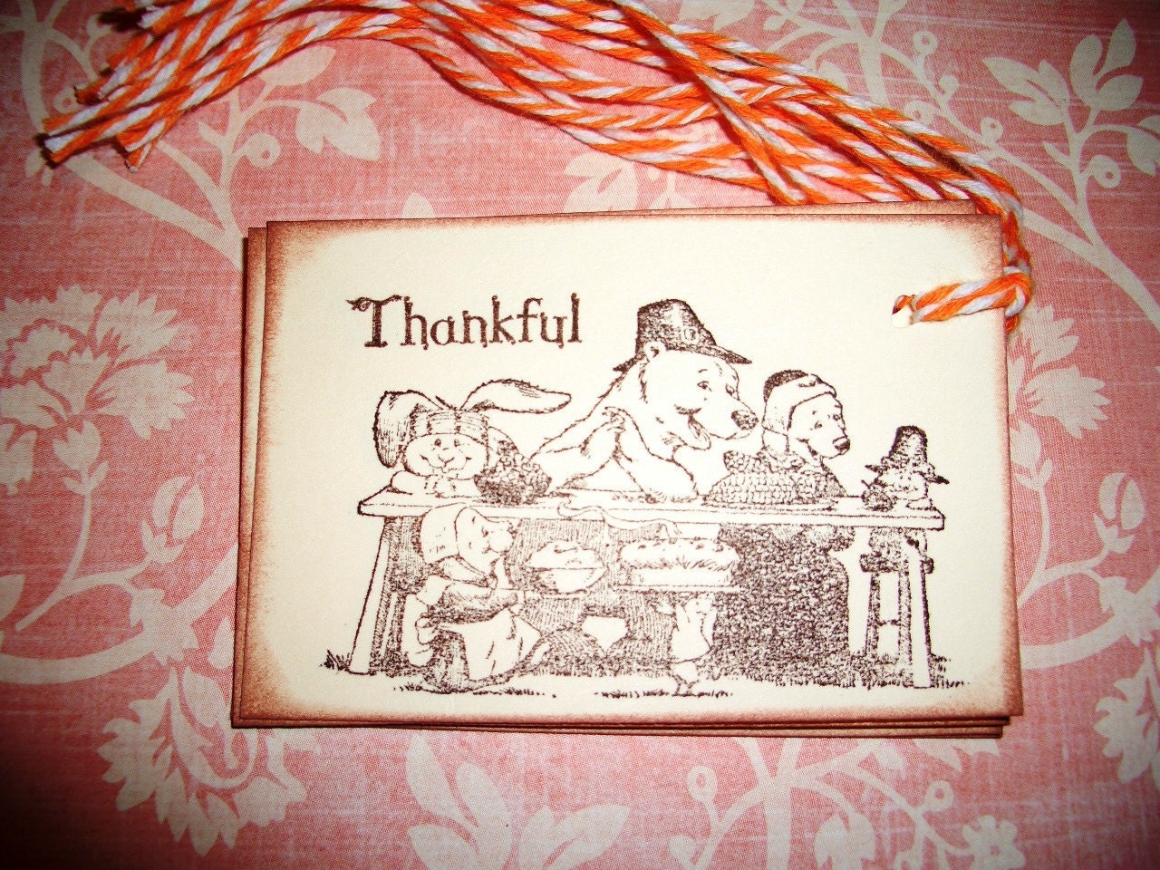 Thanksgiving Gift Tags - Pilgrim Animals Thanksgiving Feast - Set of Six - Handmade - Wish Tree Tags