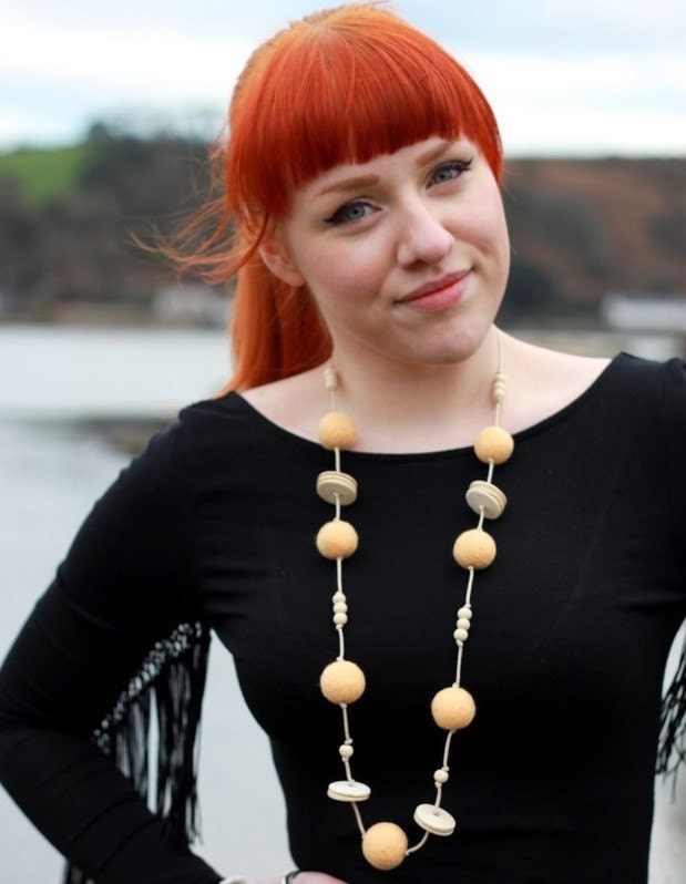 Felt Ball Necklace Handmade Felt Jewelry Felted Necklace Champagne Vanilla Cream Felt Beads Fall Fashion