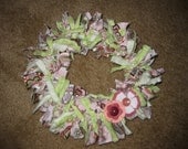 CLEARANCE: Torn fabric wreath with felt flower accents. 10 inch wreath in grean plaid and pink & chocolate floral pattern