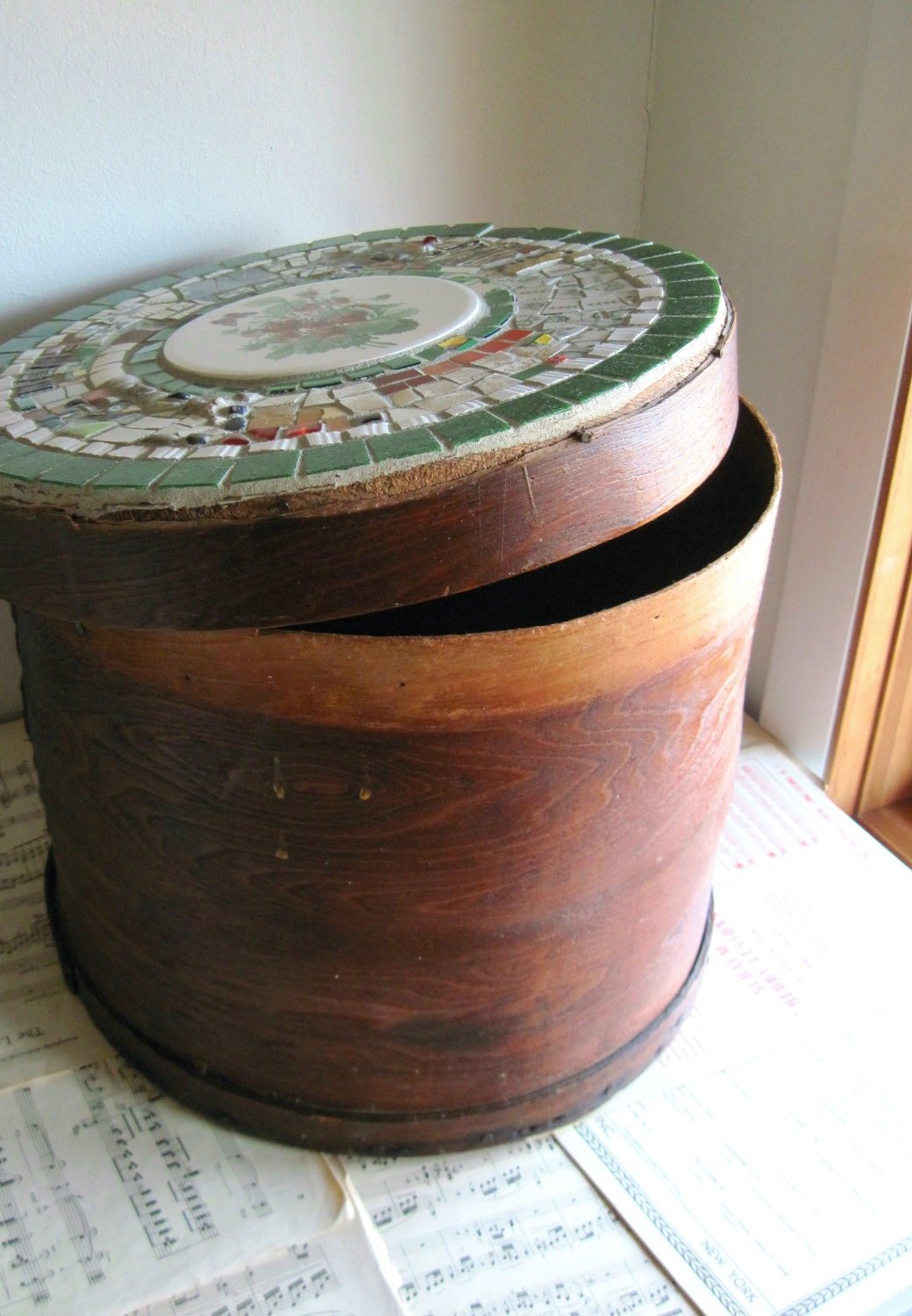 Mosaic Box, Antique Primitive Cheese Box with Mosaic Lid