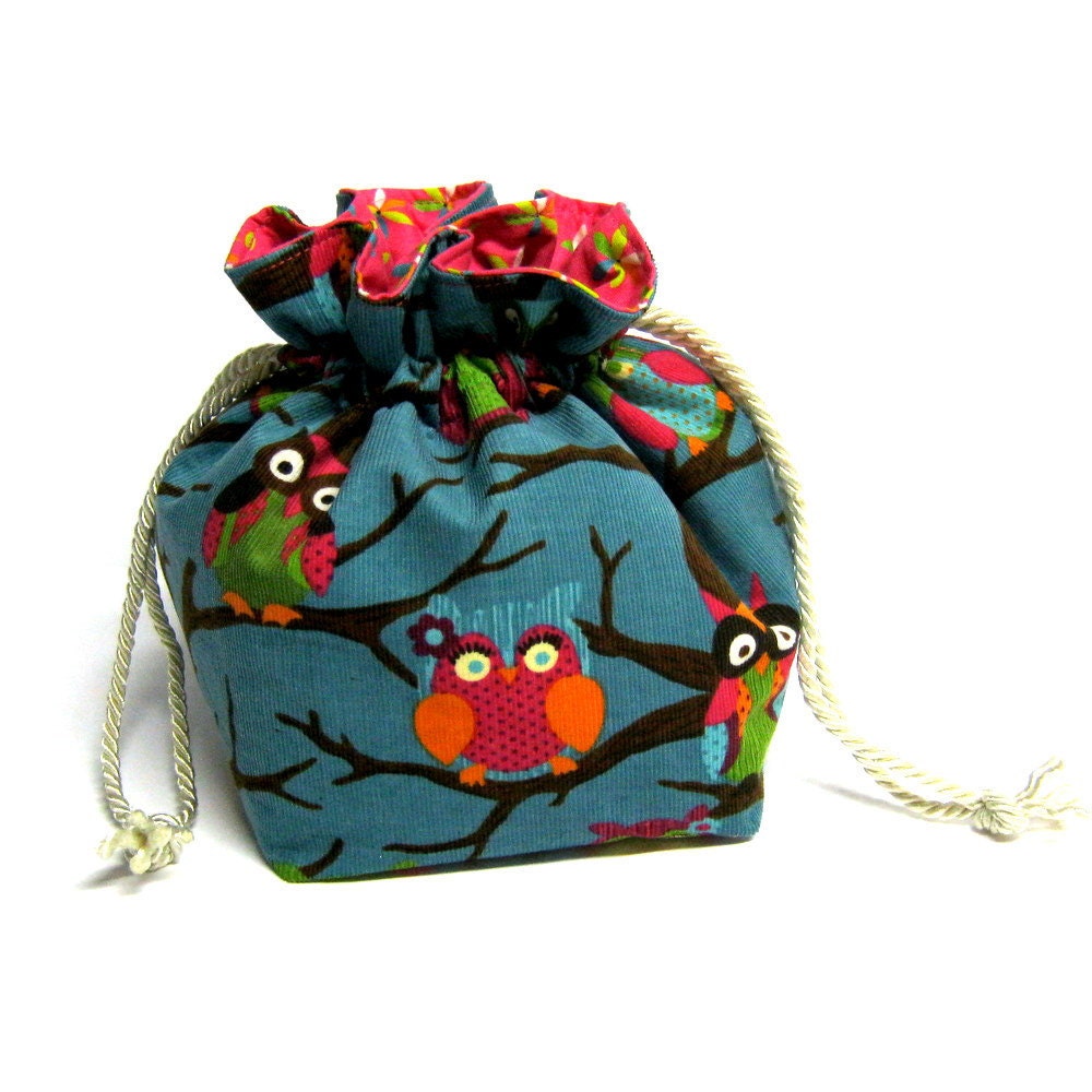 owl corduroy square drawstring purse pouch bag blue background brown branches