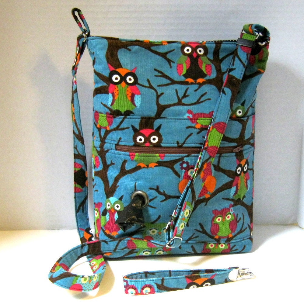 Dog Walk Bag, blue with owls corduroy, Adjustable Strap Dog Walking Bag .... RESERVED FOR HOLLY