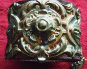 Repousse cuff religious leather bracelet crown cross antique jewelry assemblage one of a kind