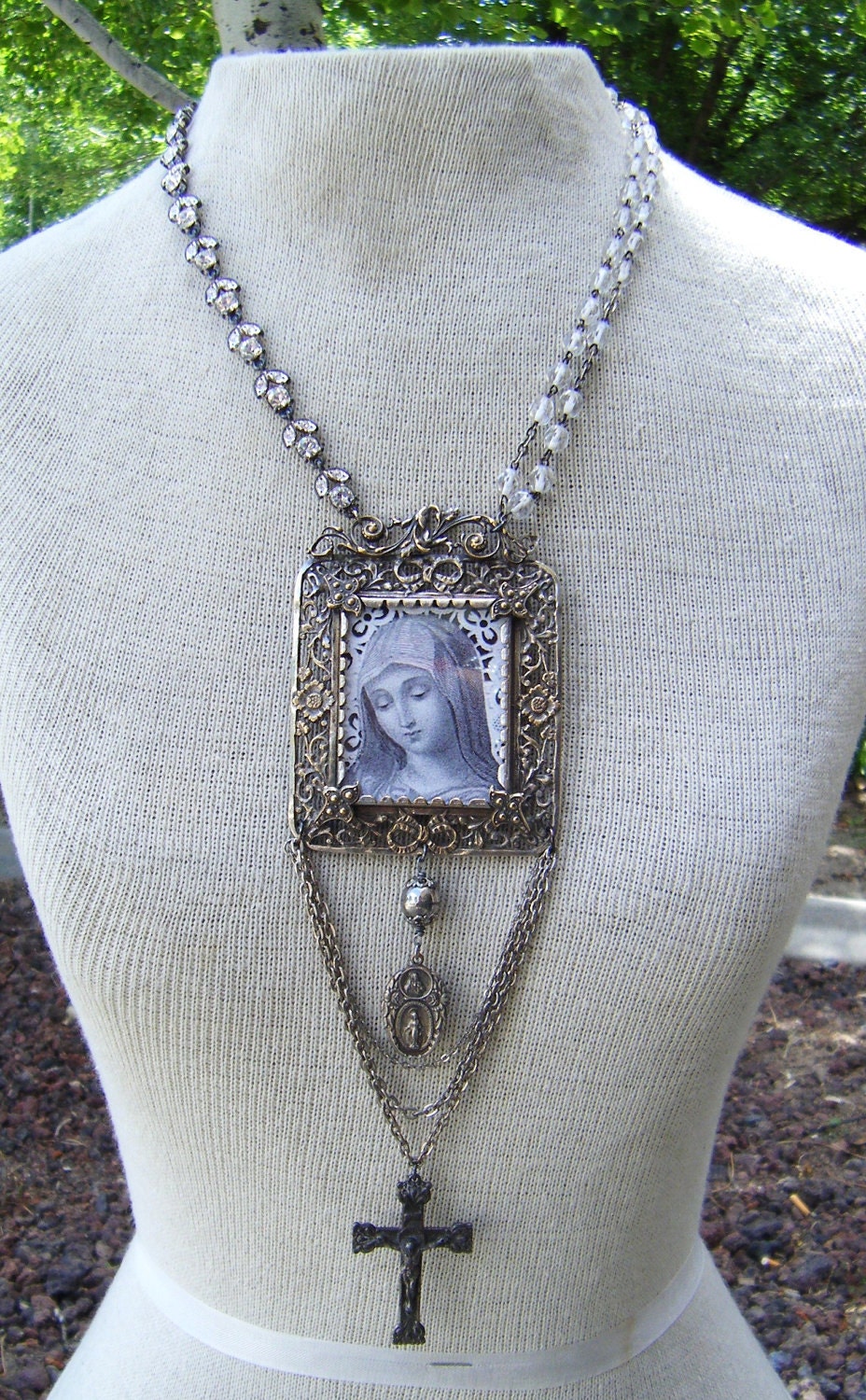 Antique religious necklace paste rhinestones silver filigree framed under glass Madonna crystal beads one of a kind assemblage