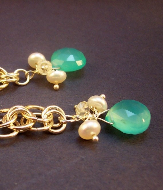 Chainmaille chalcedony earrings, silver, pearl, dangle