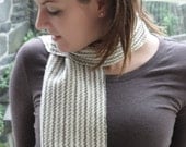 Woven Merino Scarf in Natural White and Chocolate Brown Wool with Knotted Fringe