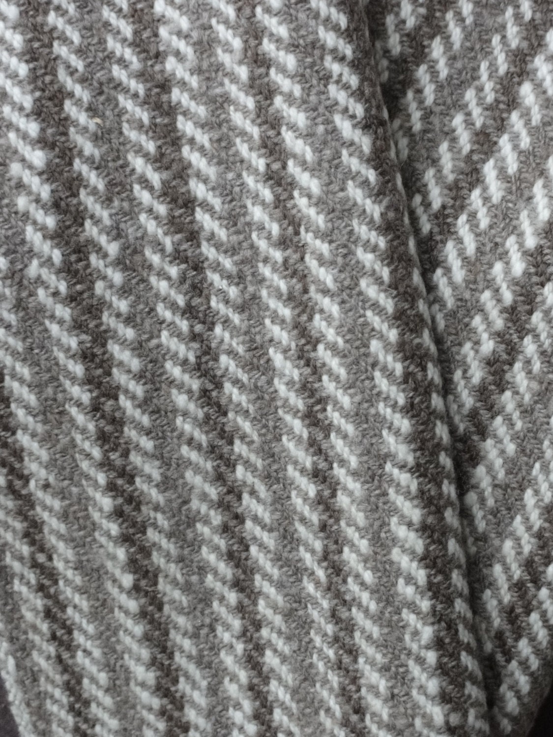 Woven Merino Scarf in Natural Taupe, Rich Chocolate Brown and White Wool with Knotted Fringe