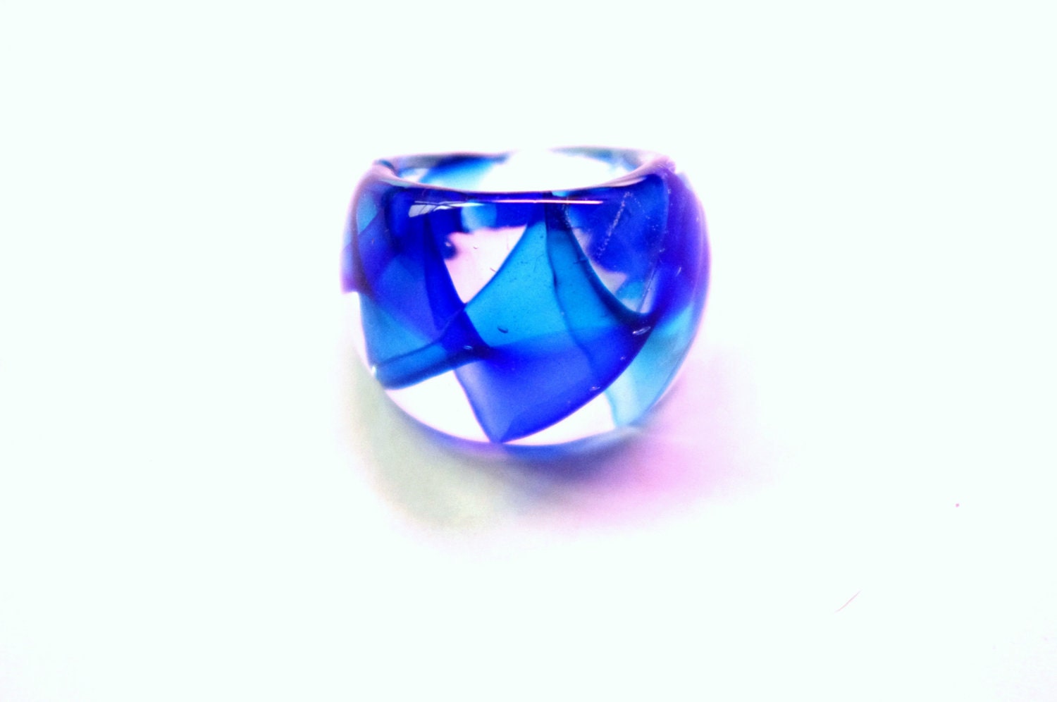 Blue Diamonds in Clear Hand Blown Glass Dome Ring Size 5