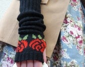 Black Fingerless Gloves, Long Arm Warmers, Red Rose Flower Pattern, Autumn Accessories Fall Fashion - MADE TO ORDER