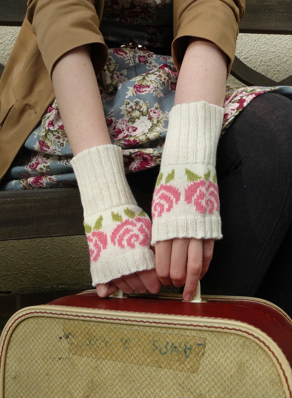 Floral Pastel Wrist Warmers Fingerless Gloves in Vanilla White and Blushing Pink - MADE TO ORDER