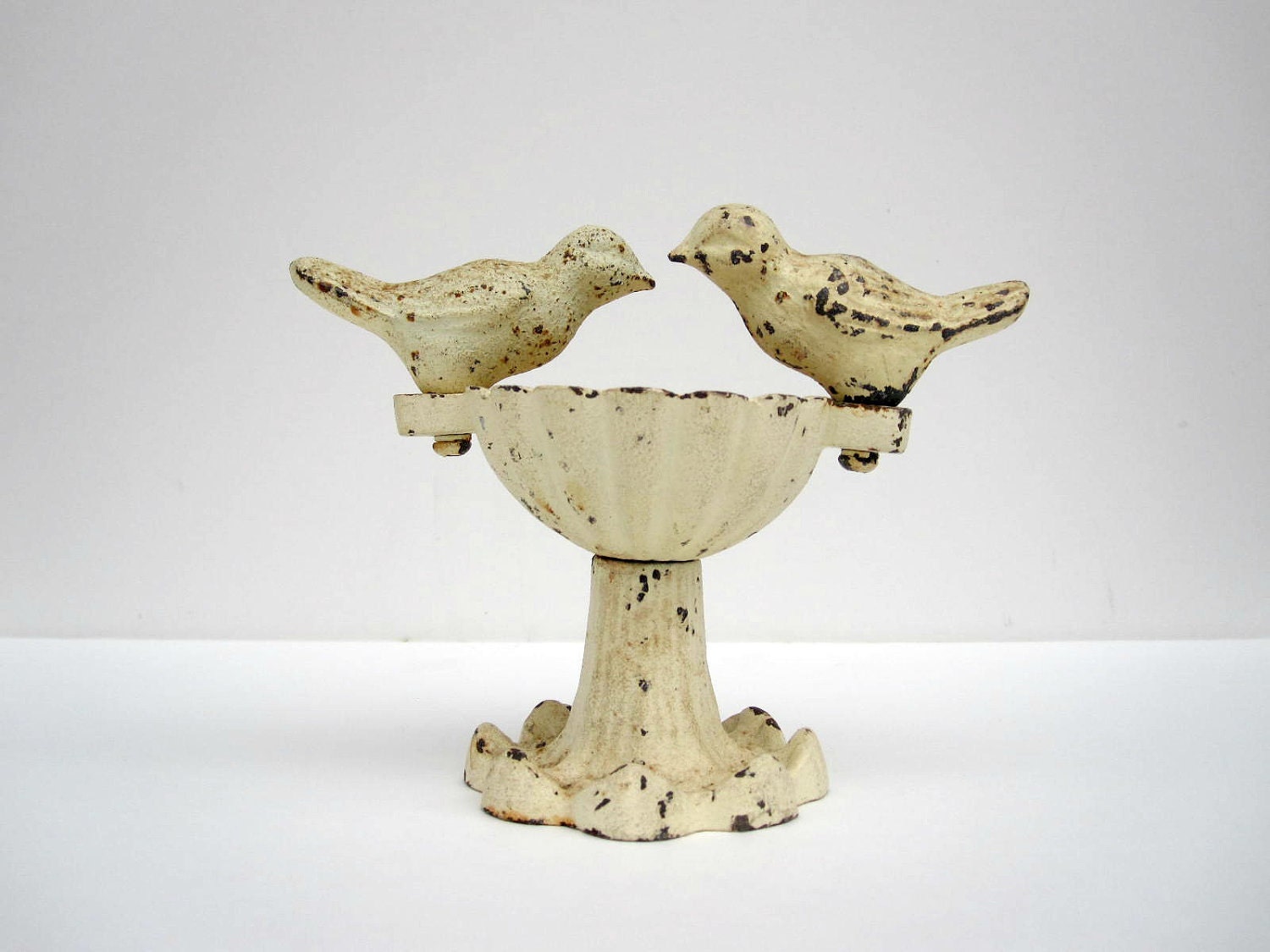 Cottage Chic Decor - Cast Iron Bird Bath - Rustic Iron Lovebirds - Garden Statue White Ivory Cream