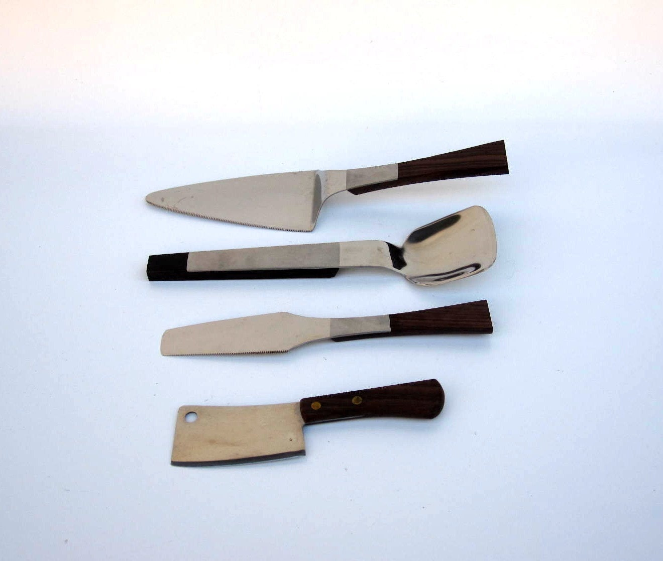 Mid Century Modern Serving Set - Wood and Stainless Kitchen Utensils - Servers, Knife, Spoon