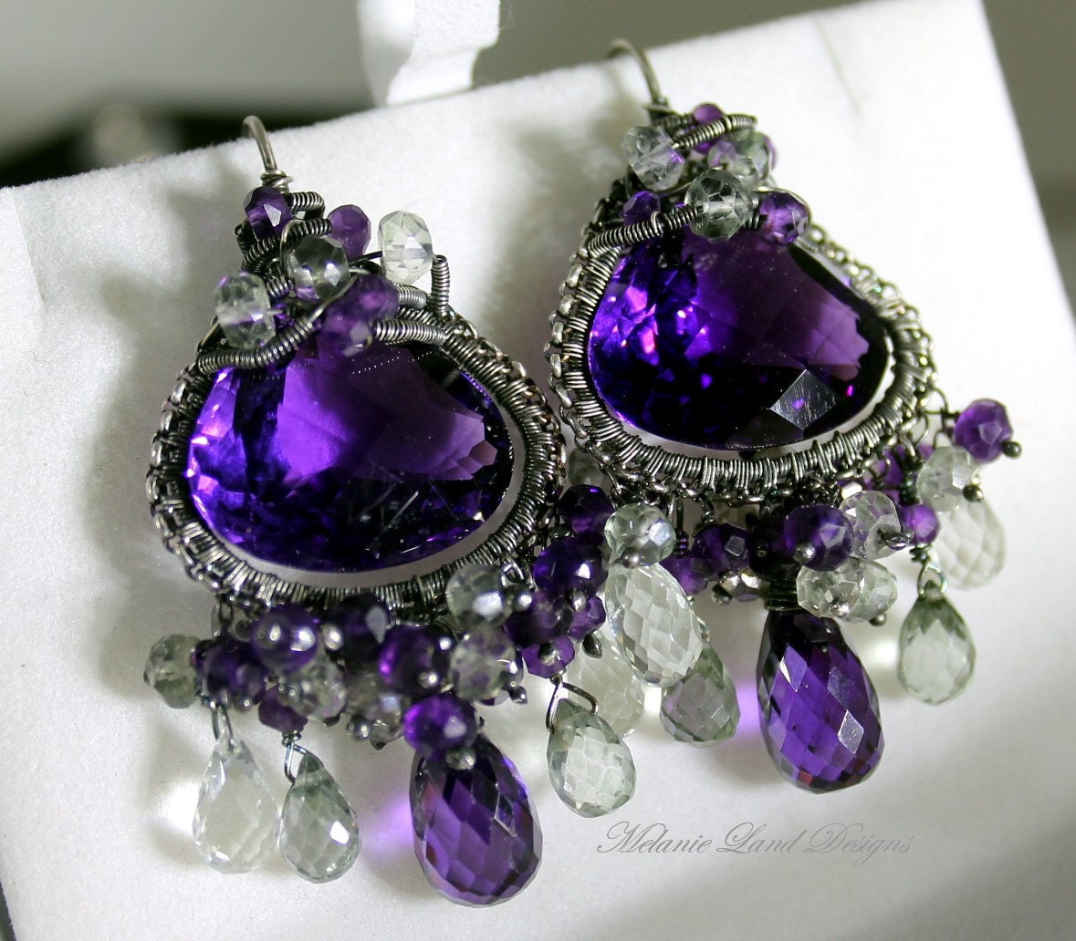Wings of Angles - Purple Amethyst, Green Sapphire and Prasiolite Sterling Earrings