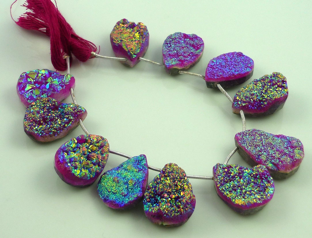 Pink & gold titanium druzy briolette beads 21-22mm 1/4 strand