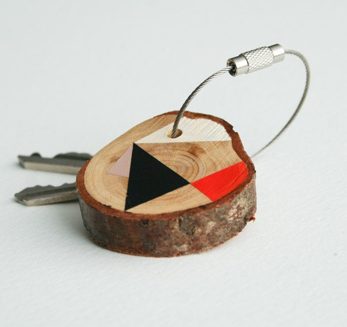 SUMMER SALE 20% OFF - Pine wood keychain with stainless steel cable wire, black, white, pink and orange geometric triangle shapes