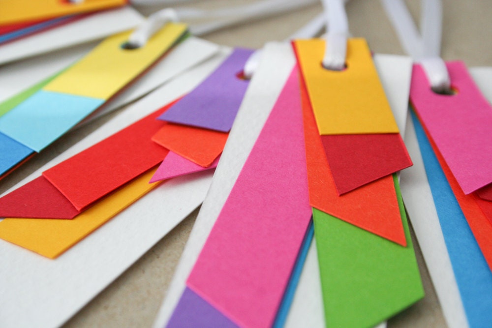 colourful gift tags - set of 6 - A rainbow colour tags multicolour geometric long present tags