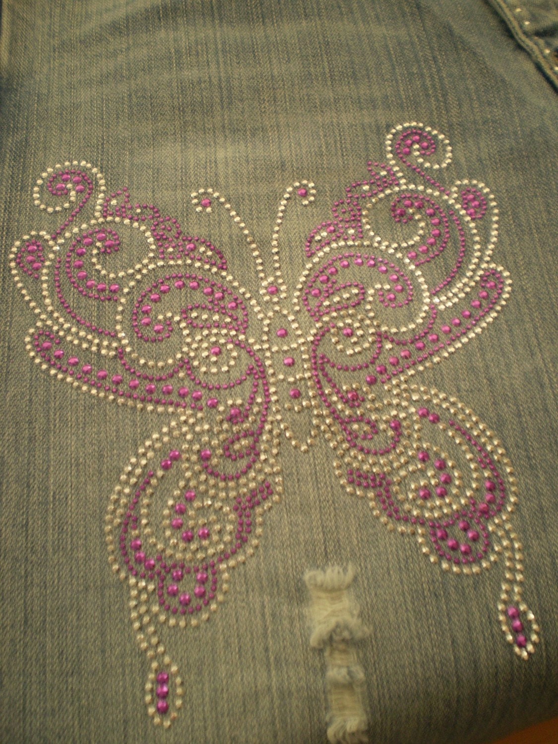 SALE upcycled referbished jeans crystal encrusted ultra low rise distressed with butterfly crystal pattern and bells