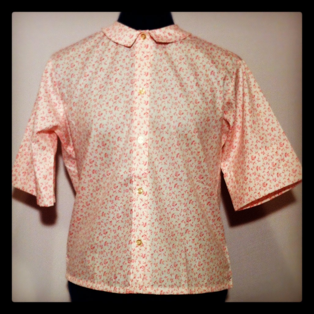 Vintage 50s Dead Stock Carlisle Allen Co White with Pink Flowers Button Up Shirt S