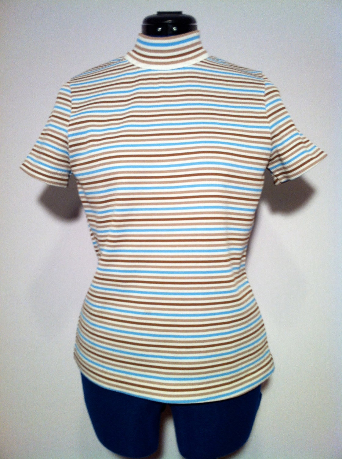 Vintage 60s Ribbed Short Sleeve Stripped Mod Shirt Blue White Tan S M Fairfield Brookvalley