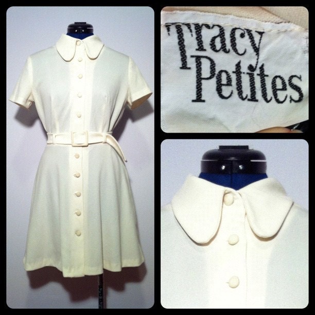 Vintage 70s Tracy Petites Cream Polyester Mini Dress S