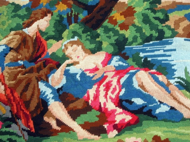 vintage needlepoint tapestry from France, lovers, flirtatious scene 18.century, amorous in the country