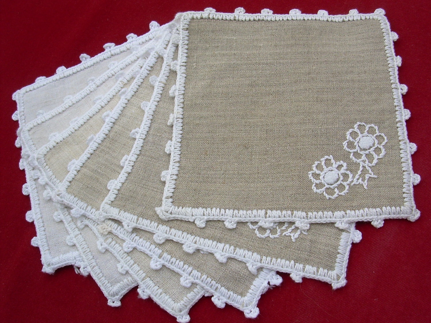 6 vintage linen coasters from Poland, 70s, hand embroidered