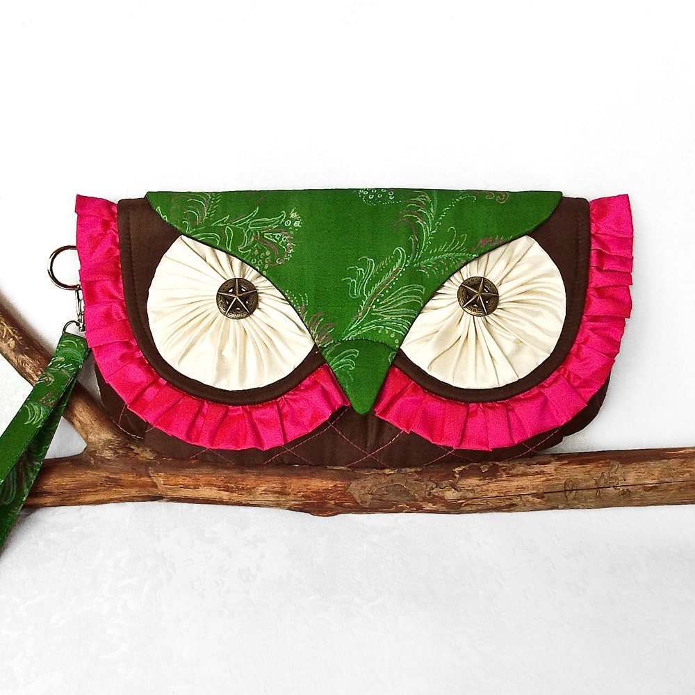 Silk Spring Owl Clutch Bag- Vintage and New Silk with Contrast Quilting and Wrist Strap - MADE TO ORDER