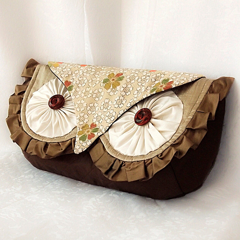 Silk Owl Clutch Bag- Luxury Silk with Vintage Kimono and Quilting Woodland Hoot-With Wristlet Strap- Made To Order-LAST ONE
