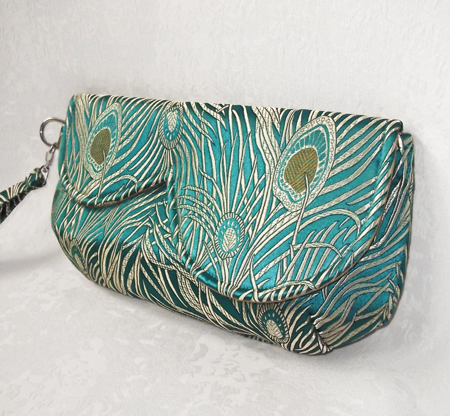 Teal Peacock Feathers Clutch Wristlet with Asymmetrical Flap and Silk Lining