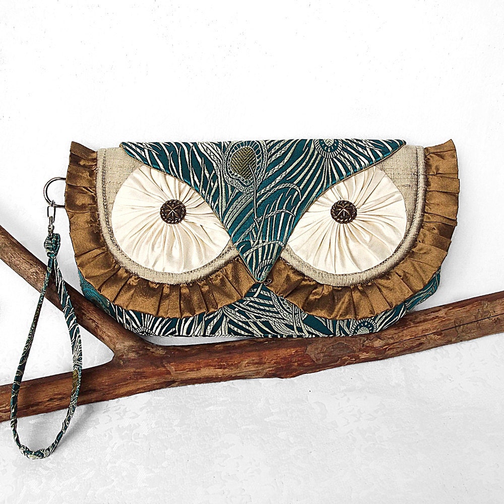 Silk Owl Clutch Wristlet - Peacock Feathers Brocade and Silk Dupioni - MADE TO ORDER