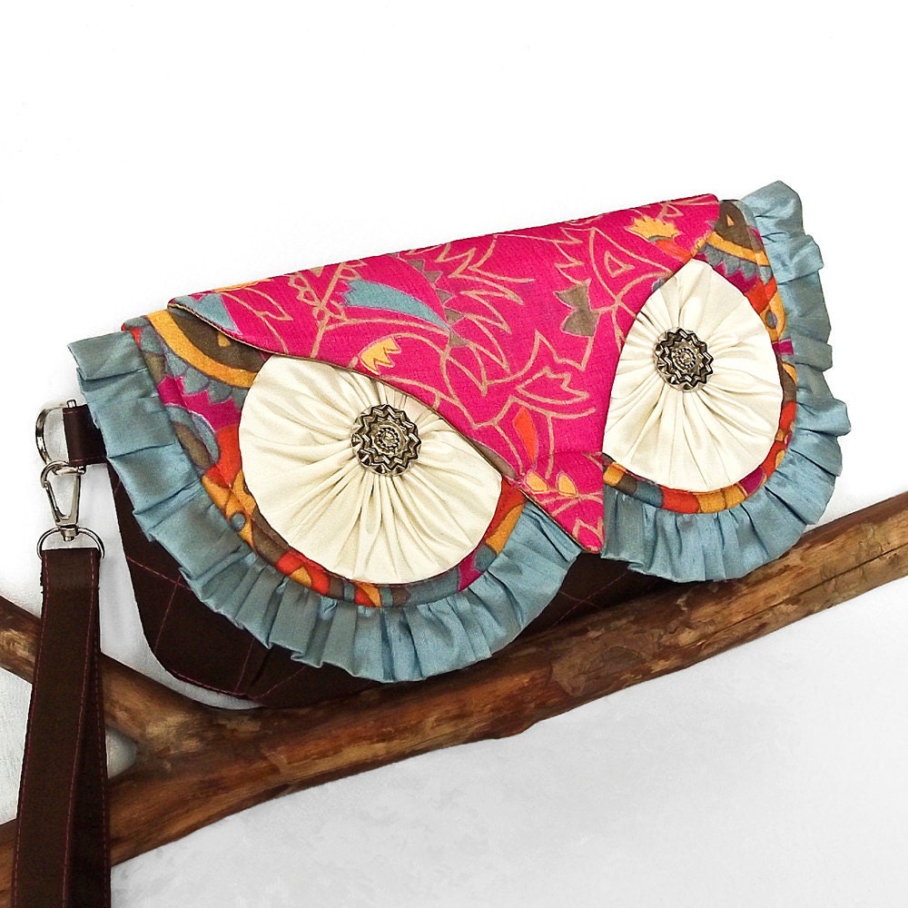 Silk Owl Clutch Bag in Bold Colors- Vintage and New Silk with Contrast Quilting and Wrist Strap - MADE TO ORDER