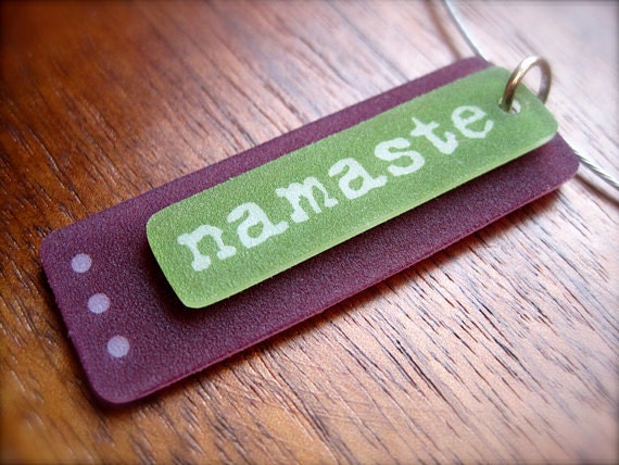 yoga jewelry - namaste necklace - om - green purple plastic shrink art
