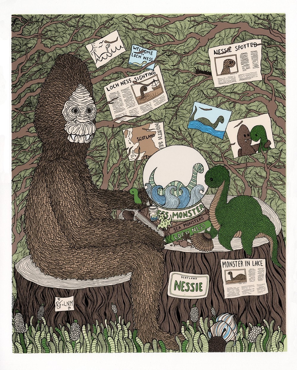 Pair of Loch Ness Monster and Sasquatch Screenprints 18x24