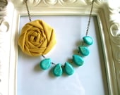 Turquoise and yellow fabric flower necklace